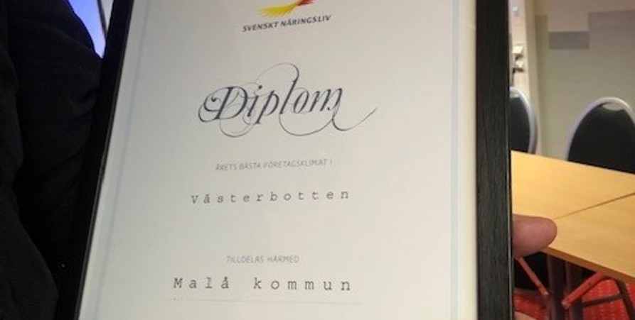 Diplom med svart ram som visar att Malå är på förstaplats i Västerbotten i företagsrankning.