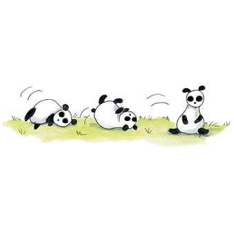 Tre tecknade björnar som rullar/rör sig på gräset.