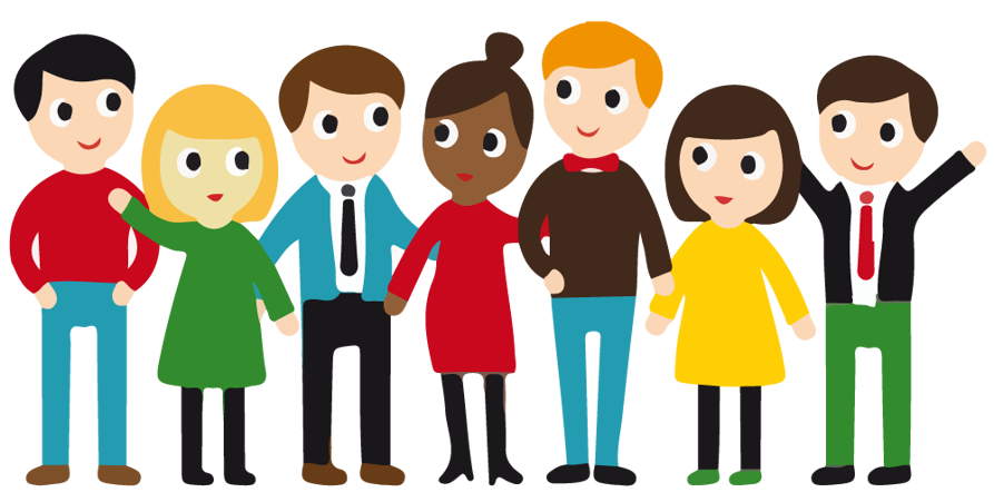 Tecknade män och kvinnor som står på rad i färgglada kläder.