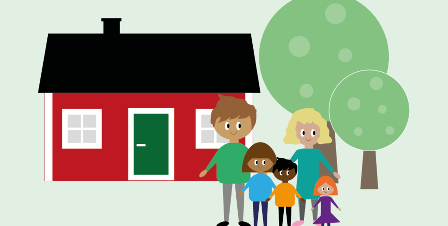 En tecknad bild på en familj med två vuxna och tre barn. Som står utanför ett rött hus med två träd.